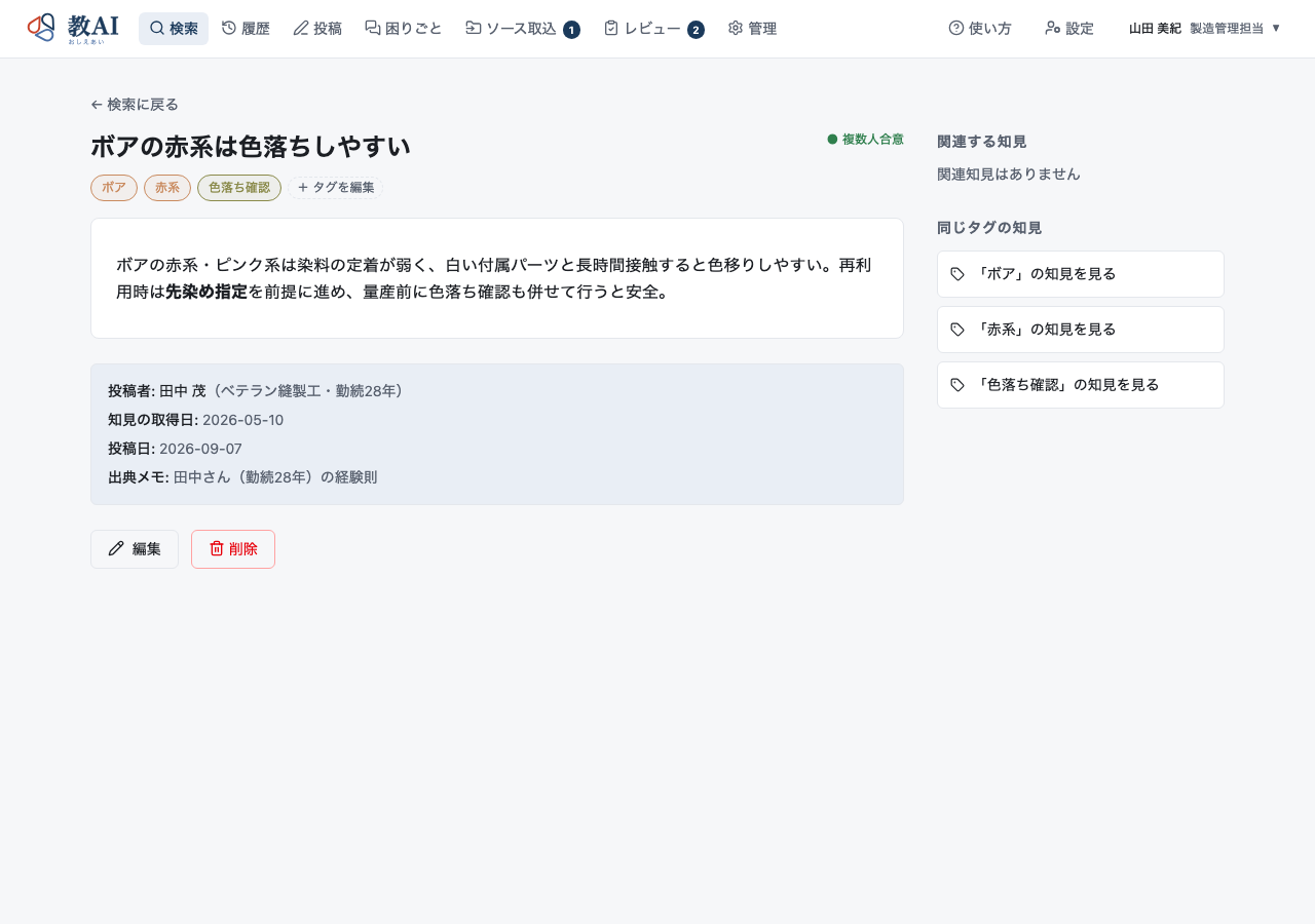 教AI 知見詳細画面：投稿者・取得日・出典メモ・タグ・複数人合意ステータス